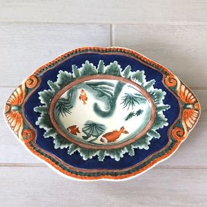 Asian Kobalt Blue Koi Green Pottery Oriental Bowl . Accent.